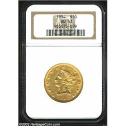 1854 $10 AU53 NGC. Frosty yellow-gold surfaces have a touch of softness on a few of the obverse star