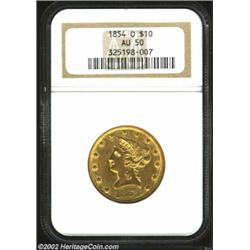 1854-O $10 Large Date AU50 NGC. Somewhat heavily abraded with blushes of coppery patina in the expos