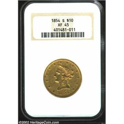 1854-S $10 XF45 NGC. Much luster adheres to the moderately abraded, reddish-golden surfaces. First y