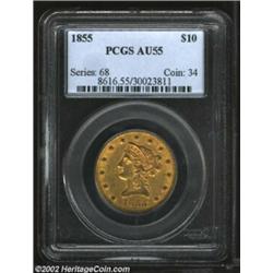 1855 $10 AU55 PCGS. Smooth and generally problem-free, with nice, even green-gold color over muted l