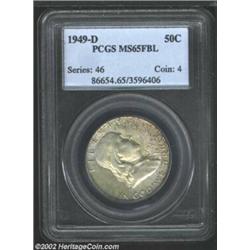 1949-D 50C MS65 Full Bell Lines PCGS. The fields have dove-gray color and speckles of russet patina.