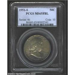 1951-S 50C MS65 Full Bell Lines PCGS. Deep gray-olive toning covers the obverse while the reverse di