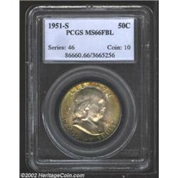 1951-S 50C MS66 Full Bell Lines PCGS. A legendary strike rarity among Franklin Halves, the '51-S has