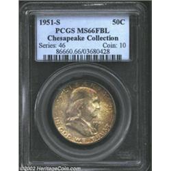 1951-S 50C MS66 Full Bell Lines PCGS. Mint Set toning overlays the obverse in well blended olive-ora