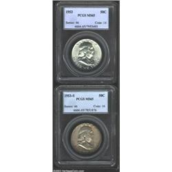 1953 50C MS65 PCGS, brilliant; and a 1953-S MS65 PCGS, somewhat deeper in hue on the obverse than th