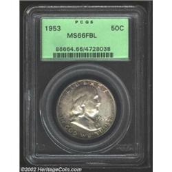 1953 50C MS66 Full Bell Lines PCGS. Speckled russet, rose-violet, and blue toning on each side leave