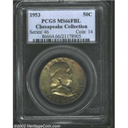 1953 50C MS66 Full Bell Lines PCGS. Dusky honey-gold, cobalt-blue, and yellow-green colors dominate.