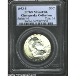 1953-S 50C MS64 Full Bell Lines PCGS. The fields have wisps of apricot patina, while the frosty devi