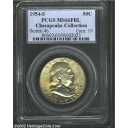 1954-S 50C MS66 Full Bell Lines PCGS. The variegated honey-gold and sea-green patina lends originali