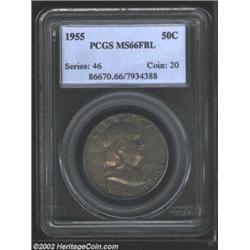 1955 50C MS66 Full Bell Lines PCGS. Densely toned in swirls of copper-gold, aqua, and mauve patina..