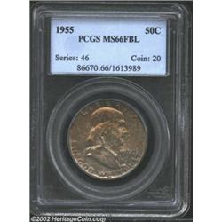 1955 50C MS66 Full Bell Lines PCGS. Moderate amber-blue iridescence adorns the surfaces of this deli