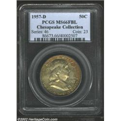 1957-D 50C MS66 Full Bell Lines PCGS. Pleasing luster beneath iridescent hues of delightful patina.F