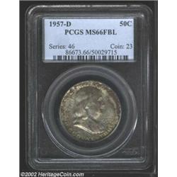 1957-D 50C MS66 Full Bell Lines PCGS. Deep mint set toning covers each side with the obverse almost.