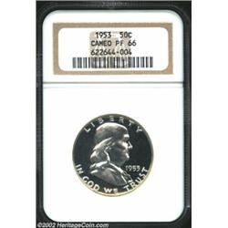 1953 50C PR66 Cameo NGC. The cameo contrast is pleasing on this well-preserved Gem, while several sp