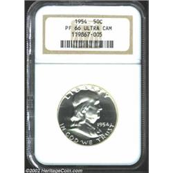 1954 50C PR66 Deep Cameo NGC. The frosty devices rise above the dark mirrored fields. A seemingly fu