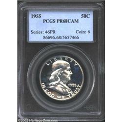 1955 50C PR68 Cameo PCGS. The obverse has wisps of lemon color. An exquisitely struck proof Franklin