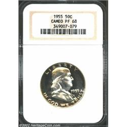 1955 50C PR68 Cameo NGC. Rich and varying hues of peripheral iridescence frame the deeply mirrored f