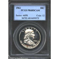 1961 50C PR68 Deep Cameo PCGS. The upper right obverse has wisps of golden-brown color. A well struc