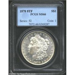 1878 8TF S$1 MS66 PCGS. A well struck Gem with semi-prooflike fields and lightly toned surfaces. The