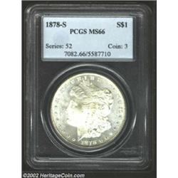 1878-S S$1 MS66 PCGS. A rather spectacular Gem, with thick mint frost overlaying the sharply struck.