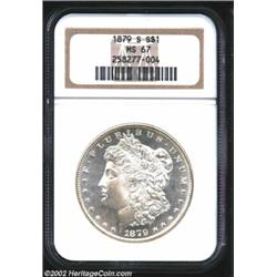 1879-S S$1 MS67 NGC. Pronounced semi-prooflikeness sparkles in the fields of this Superb untoned spe