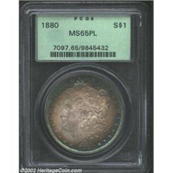 1880 S$1 MS65 Prooflike PCGS. Deeply and peripherally toned with grey centers and vibrant forest gre