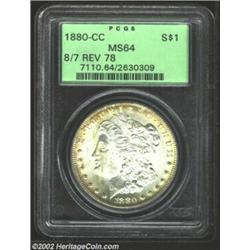 1880-CC S$1 8 Over 7 Reverse of 1878 MS64 PCGS. A highly attractive near-Gem with satiny obverse sur