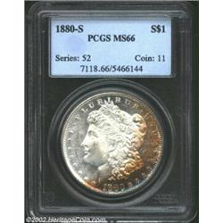 1880-S S$1 MS66 PCGS. The large S mintmark is strike doubled south. The reverse and much of the obve