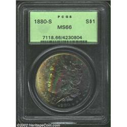 1880-S S$1 MS66 PCGS. Medium S mintmark. The obverse has deep and iridescent violet, sea-green, and.