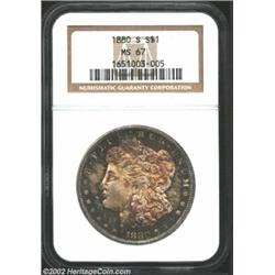 1880-S S$1 MS67 NGC. Pristine surfaces are covered in deep purple, blue, and maize colors. Nicely st