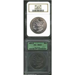 1881-S S$1 MS62 NGC, lustrous and bold with mauve patina, not too abraded; and an 1881-S MS63 ICG, d