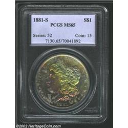 1881-S S$1 MS65 PCGS. The obverse has gorgeous lemon, powder-blue, and rose-violet patina. The cheek