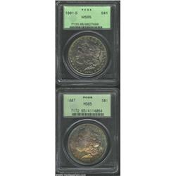 1881-S S$1 MS65 PCGS, lovely emerald-green, yellow, violet, and dark-olive patina blankets the obver