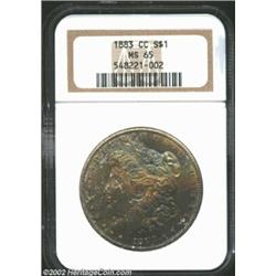 1883-CC S$1 MS65 NGC. Textured tones of deep russet-orange and blue toning reside mostly on the obve