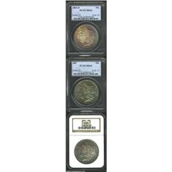 1883-O S$1 MS64 PCGS, almost evenly toned in golden-blue hues; 1887 MS64 PCGS, mottled russet-gray p