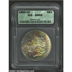 1884-CC S$1 MS65 ICG. The reverse is untoned while the obverse is graced with pastel shades of yello