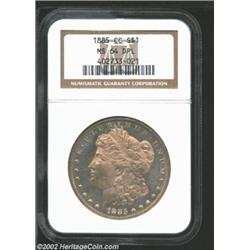 1885-CC S$1 MS64 Deep Mirror Prooflike NGC. The dusky apricot-gold patina is both original and attra