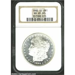 1885-CC S$1 MS65 Deep Mirror Prooflike NGC. Deeply mirrored fields contrast with deeply frosted devi