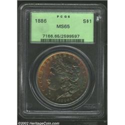 1886 S$1 MS65 PCGS. The obverse of this specimen exhibits deep iridescent hues of blue, green, red,.