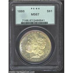 1886 S$1 MS67 PCGS. Slight variegated toning on the rims of this otherwise white coin with no notice