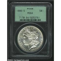 1886-S S$1 MS64 PCGS. A small die chip (as made) rests above the lower loop of the 6 in the date. Th