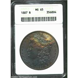 1887 S$1 MS65 ANACS. Deep mauve, violet, and gold obverse patina. The top of the 7 in the date is li