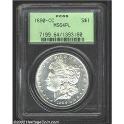 1890-CC S$1 MS64 Prooflike PCGS. The 1 in the date is lightly repunched south. A brilliant near-Gem.