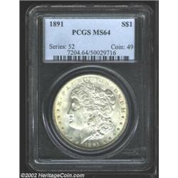 1891 S$1 MS64 PCGS. Softly frosted mint luster covers the surfaces of this essentially untoned near-