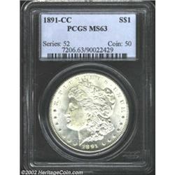 1891-CC S$1 MS63 PCGS. This sharply brought up example is lustrous with a richly frosted finish. The