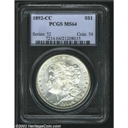 1892-CC S$1 MS64 PCGS. A lustrous near-Gem that has an exquisite reverse, a clean obverse, and a typ