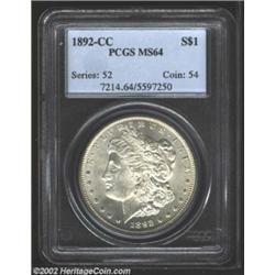 1892-CC S$1 MS64 PCGS. Mostly brilliant with shimmering fields that have only a few inconsequential.