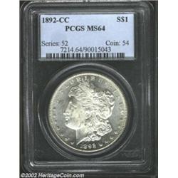 1892-CC S$1 MS64 PCGS. Tender mint frost swathes this near-Gem specimen. This piece was previously g