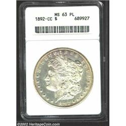 1892-CC S$1 MS63 Prooflike ANACS. Light silver-gray patina. A boldly struck Morgan Dollar that has p