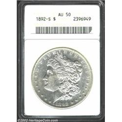 1892-S S$1 AU50 ANACS. Bright silver-gray surfaces received balanced wear from brief circulation and